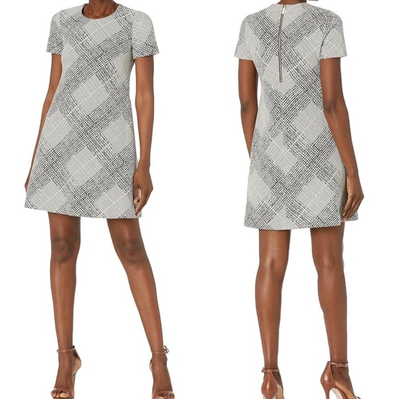 Calvin Klein Black Off-White Plaid Textured Shift Dress Size 8 Career Workwear - Picture 1 of 14